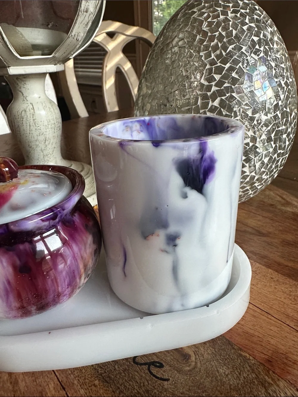 Handcrafted Purple Marble Vanity Tray Set with Jar and Cup